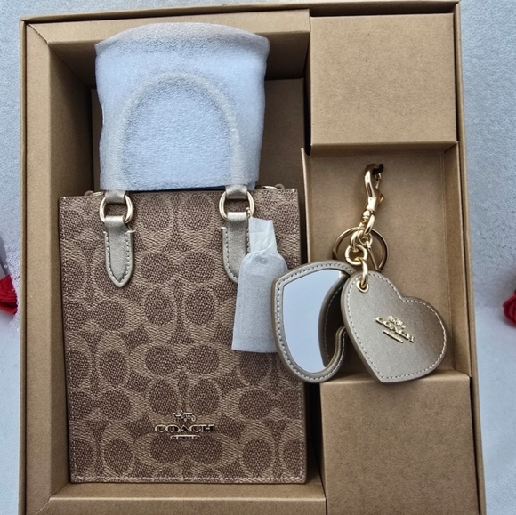 Coach Mini Tote Bag with Heart Shaped Mirror Bag Charms Crossbody in Gift Box - Picture 1 of 16